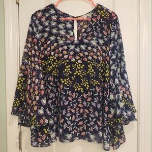 Bell sleeve navy and floral top
